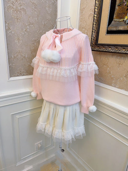 Sweetheart Princess Pearl Lace Furball Pink Knit Loose Sweater