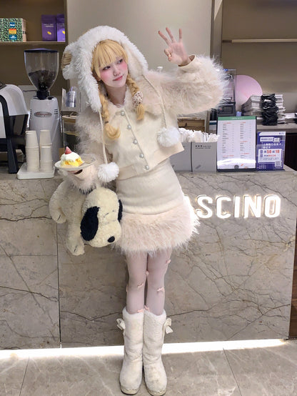 Picnic Girl Cute White Christmas Winter Fur Jacket Top & Mini Skirt Two Piece Set