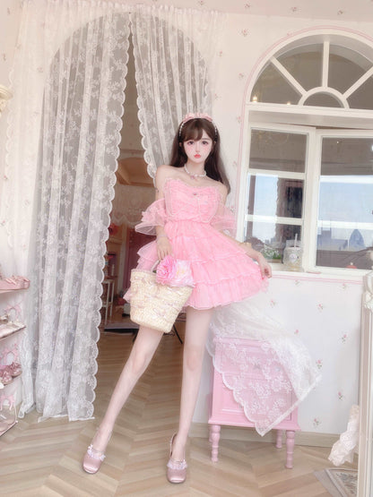 Candy Fairy Sweet Princess Pink Ruffled Layered Cake Short Dress