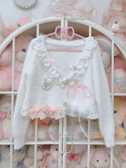 Candy Fairy Milky Kitty Knit White Cardigan & Skirt Two Piece Set