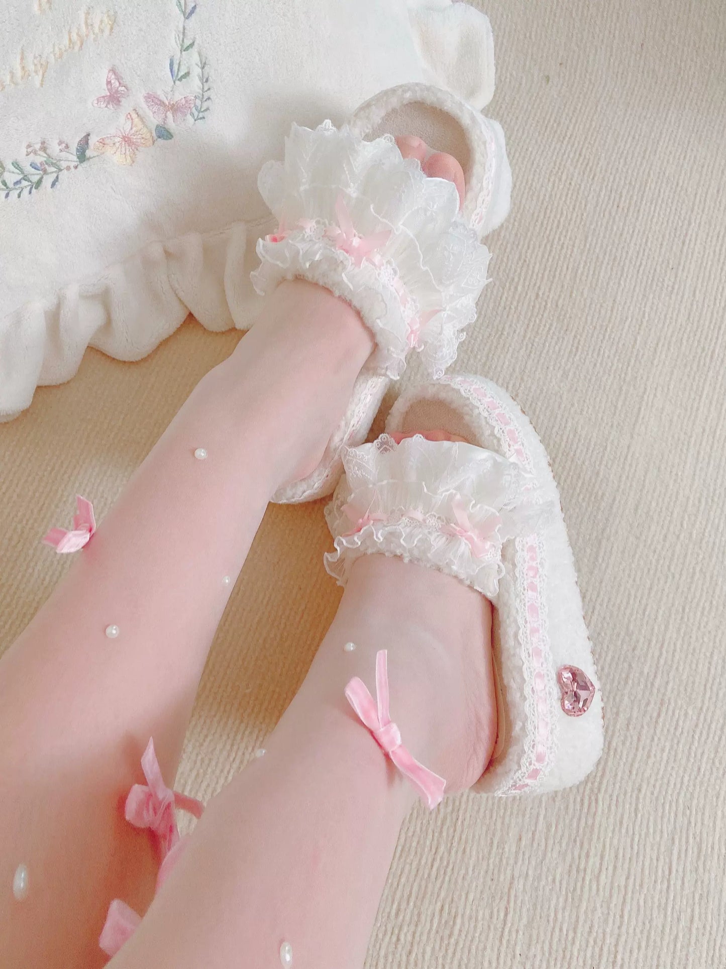 Pinky Sweet Winter White Plush Thick Soles Sandals Slippers Shoes