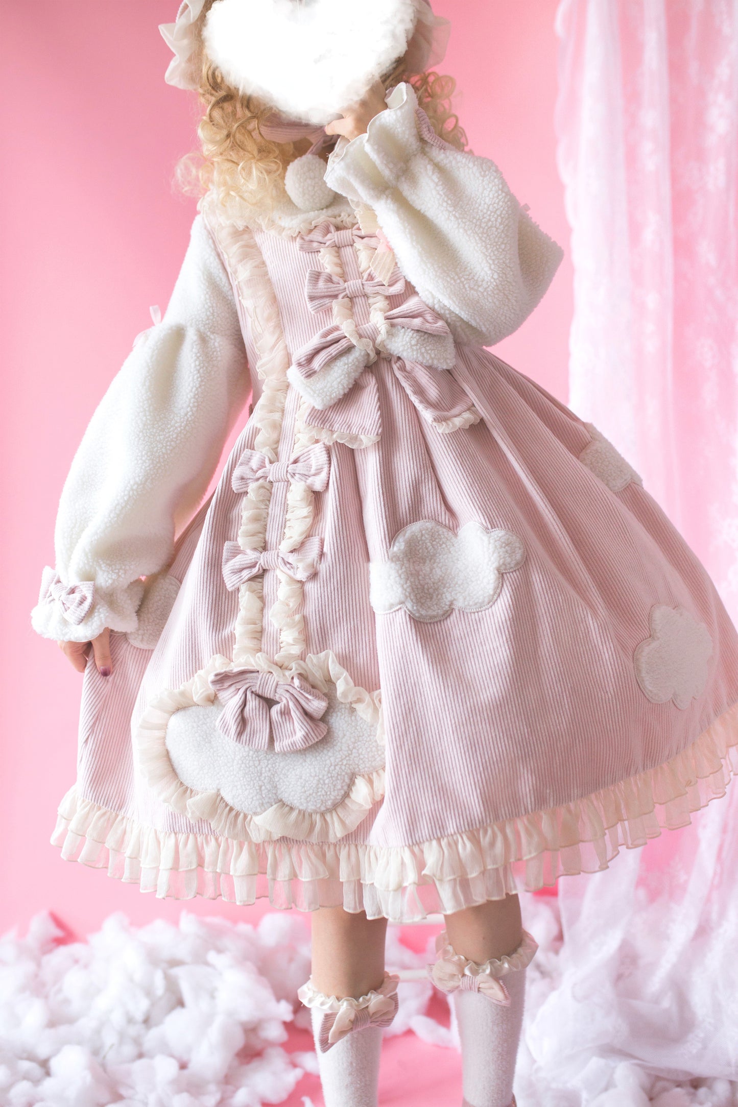 Winter Thick Velvet Plush Cloud Princess Pastel Pink Blue Brown Dress