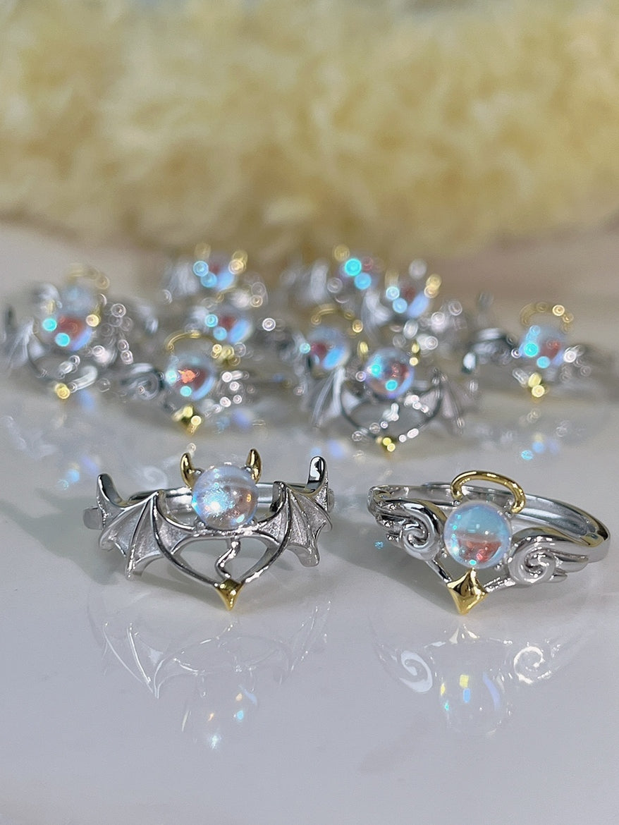 Handmade Angel & Devil Wings Moonstone S925 Silver Couples Ring Accessories