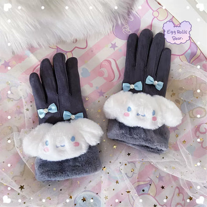 Handmade Purple Devil Melody Cinnamon Dog Pompom Winter Suede Gloves