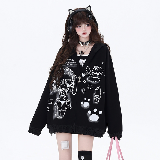 Crazy Girl Sad Anime Girl Black White Rabbit Ears Jacket Hoodie