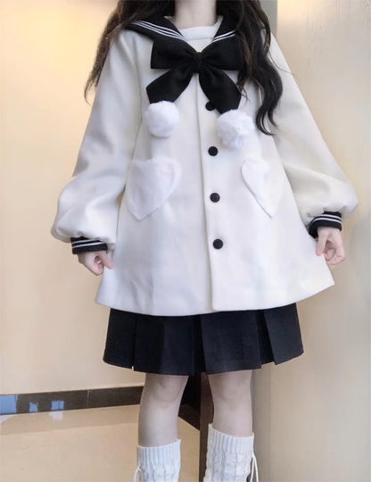 Cute Sailor Collar Bow Pompom Balls Woolen Pink Blue Cream Black Red Winter Coat