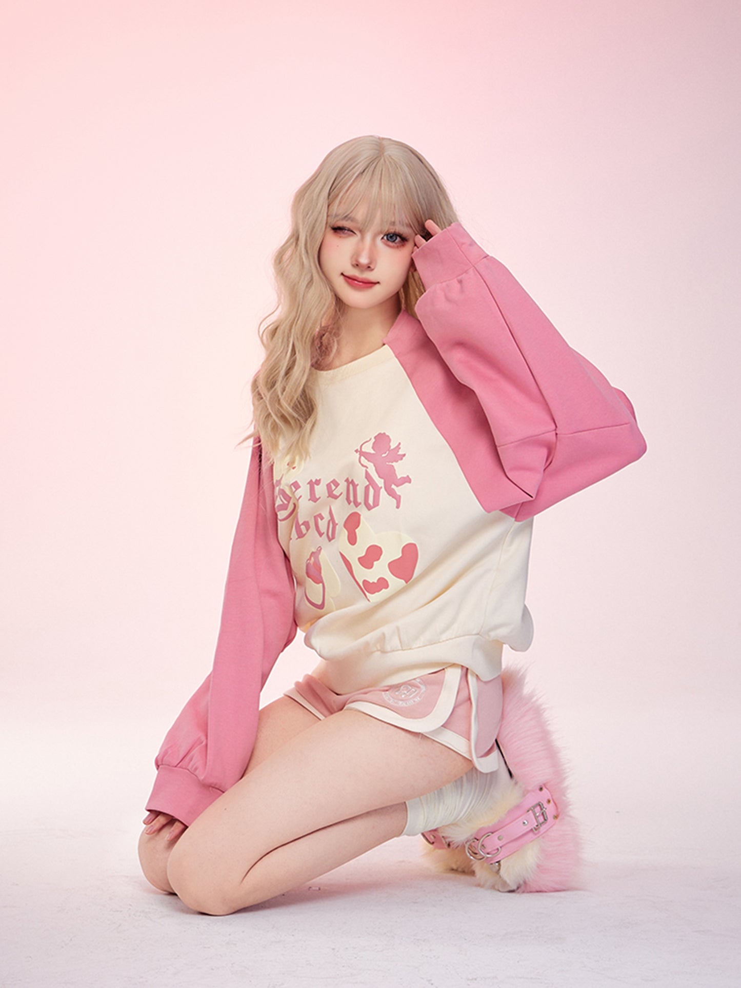 Serendipity Autumn Cupid Raglan Sleeve Pink Blue Sweatshirt Top