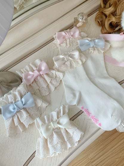 Little Bow Pink Blue Cream Crew Socks