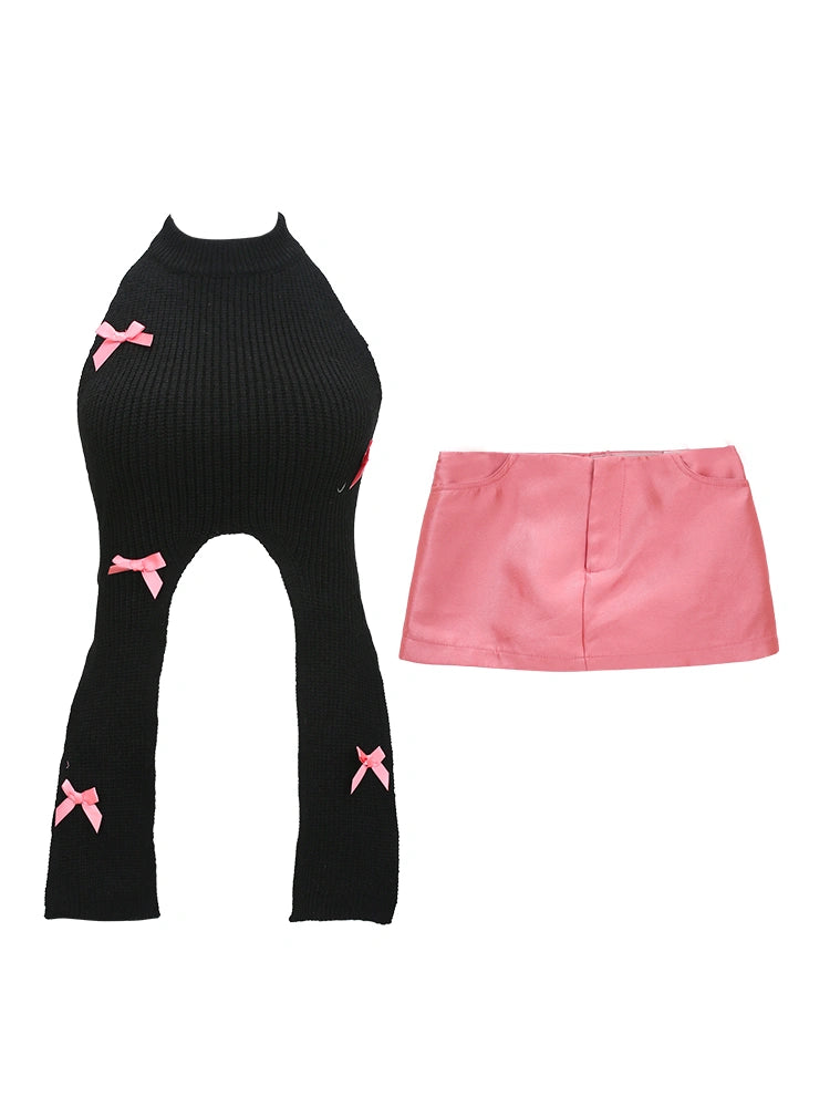 Lucia Knit Black Coquette Bow Turtleneck Sweater Top & Pink Mini Skirt Two Piece Set