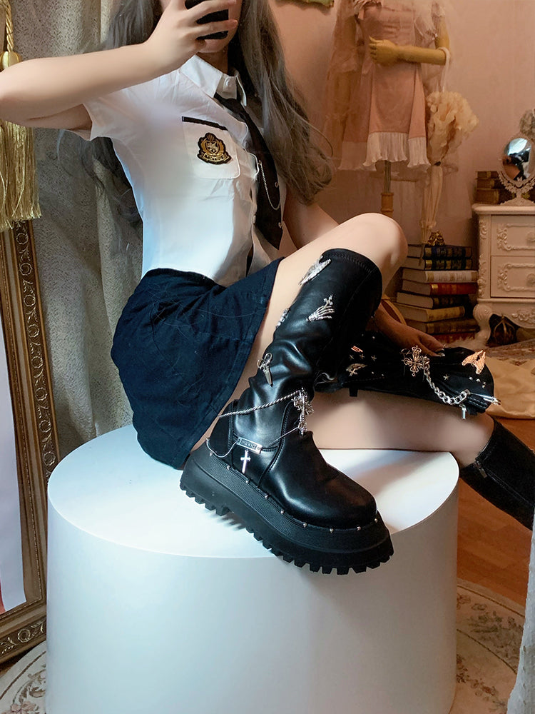 Pinky Tassel Chain Dark Academia Autumn Winter Round Toe Black Boots Shoes