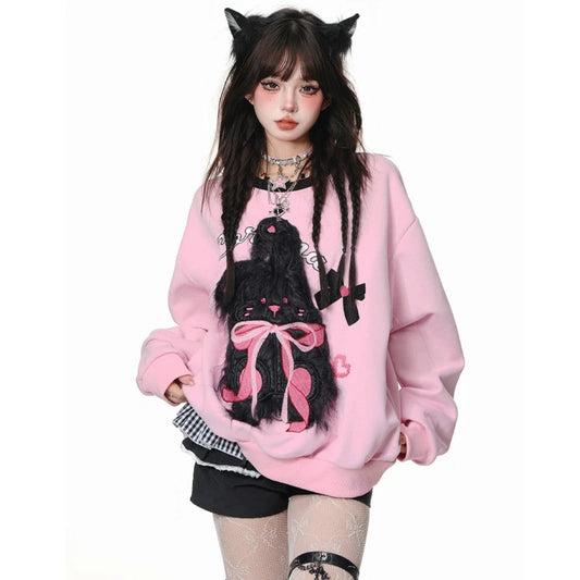 Young Eyes Cute Rabbit Black Pink White Pullover Sweater