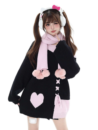 Crazy Girl Sweet Girl Knit Love Soft Pink Black With Scarf Sweater