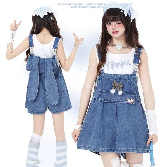 Crazy Girl Island Girl Denim Rabbit Ears Suspender Skirt