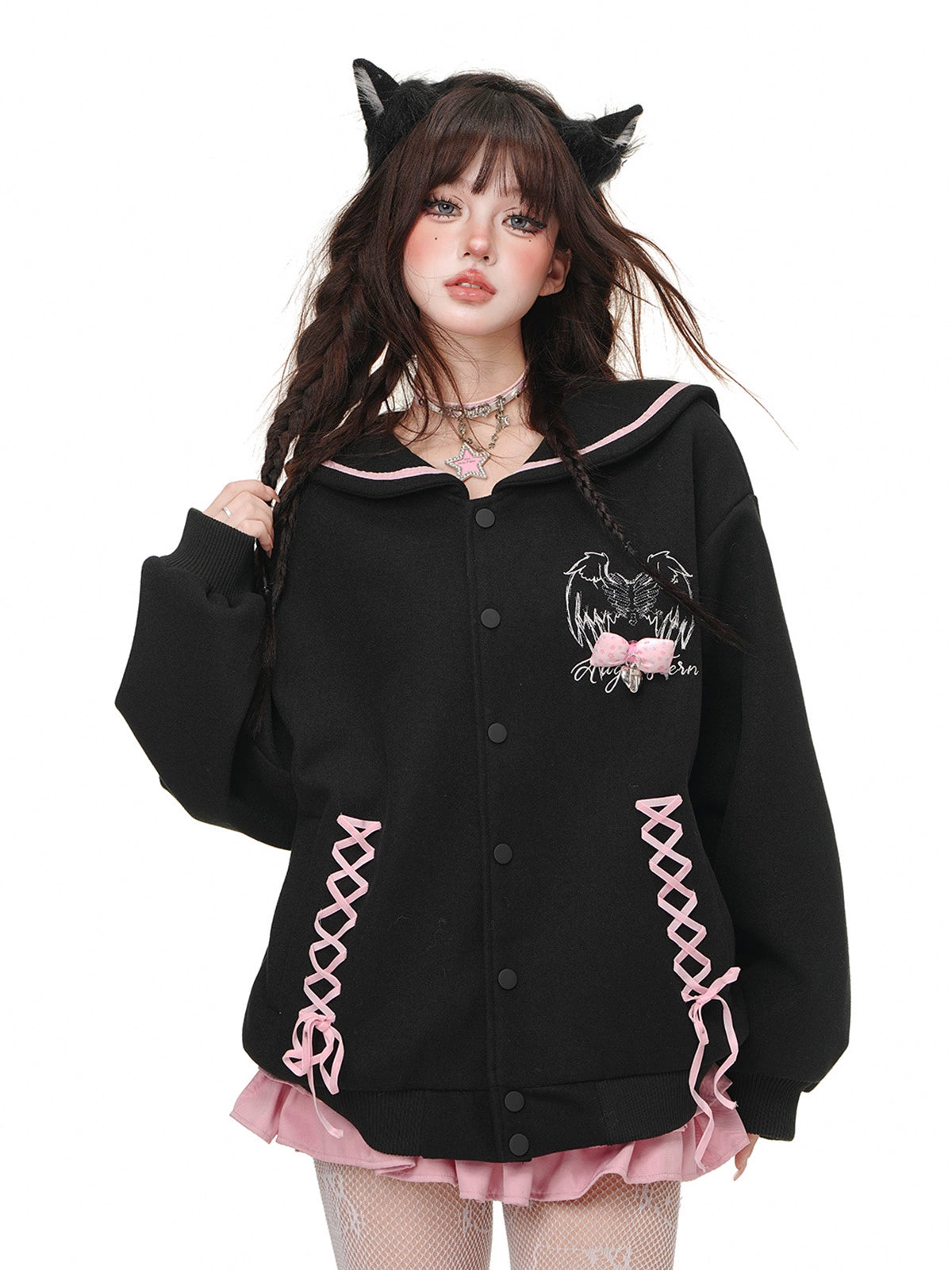 Young Eyes Heart Signal Sailor Collar Black Jacket Sweater