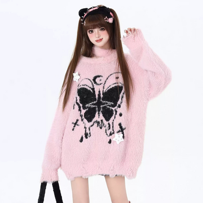 Crazy Girl Moonlight Butterfly Pink Black Fuzzy Sweater