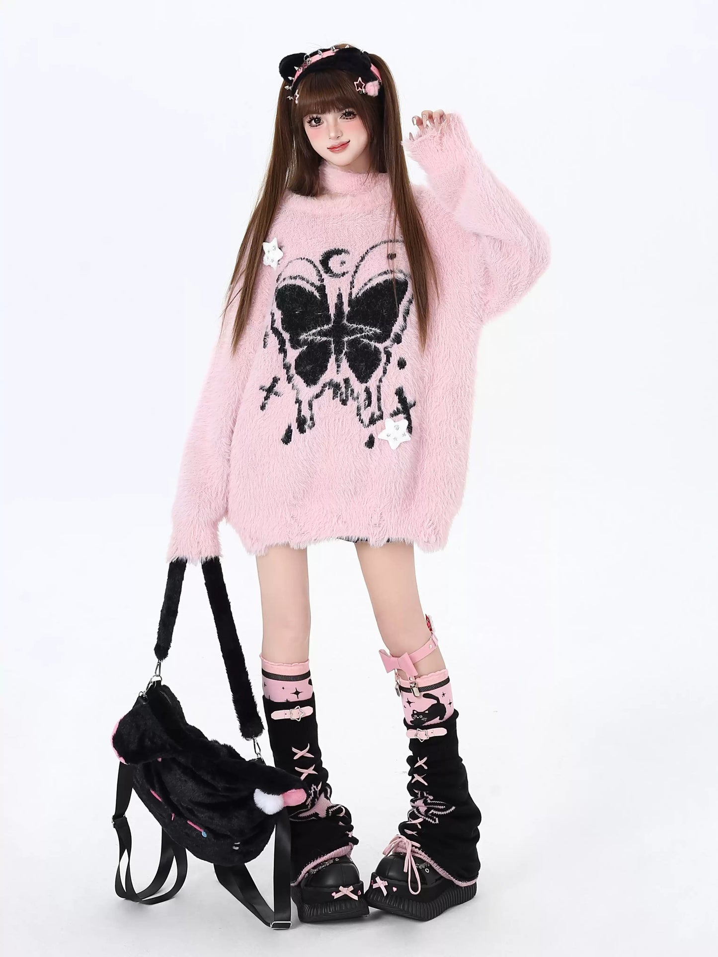 Crazy Girl Moonlight Butterfly Pink Black Fuzzy Sweater