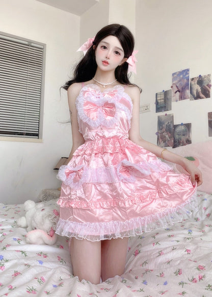 Candy Fairy Sweet Lovely Pretty Pink Ruffled Layered Polka Dot Lace Dress