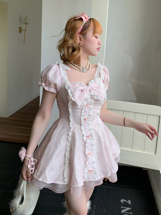Picnic Girl Pink Baby Beet Lace Puff Sleeve Dress