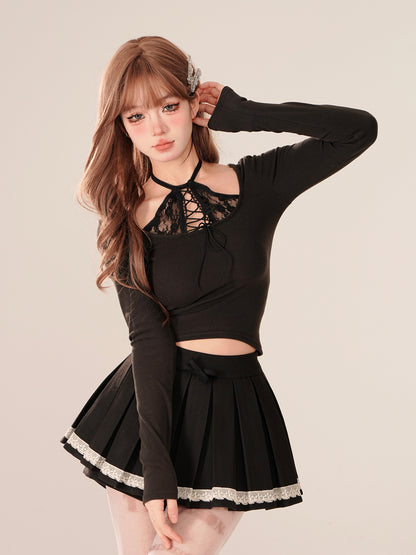 Young Eyes Coquette Sexy Black Pink Lace Halter Neck Slim Fit Shirt Top