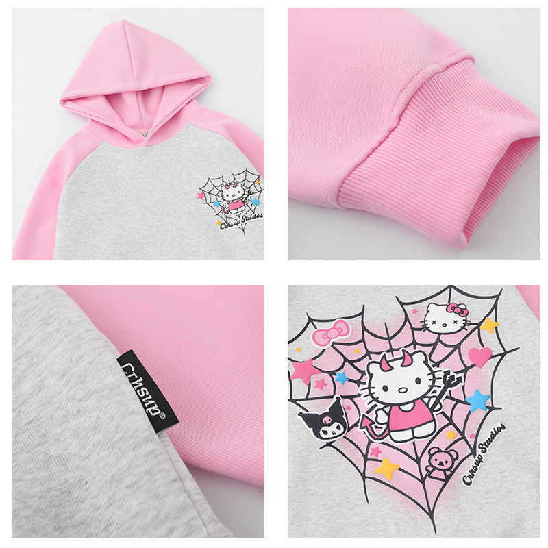 Kitty Cat Spider Web Y2K Pink Black Cartoon Print Sweatshirt Hoodie