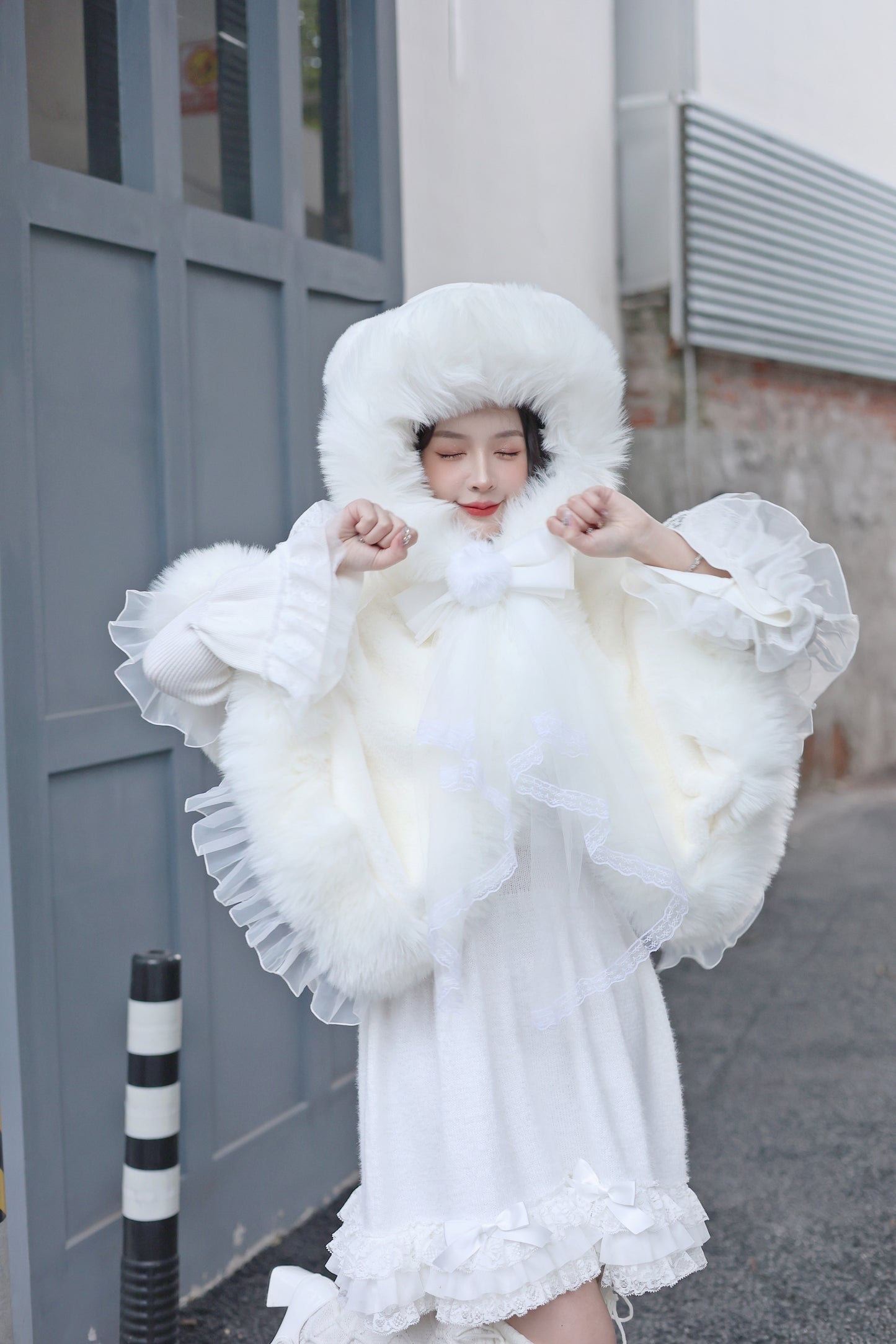 Sweetheart Princess Winter White Polar Bear Ears Fur Hooded Cloak Cape Jacket