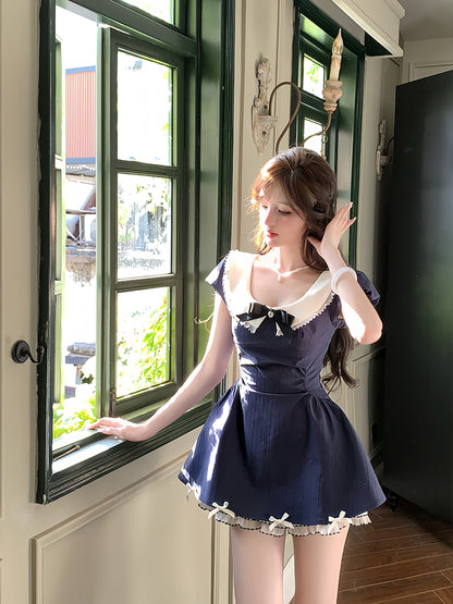 Creamy Sweet Passion Pink Navy Blue Puff Sleeve Dress