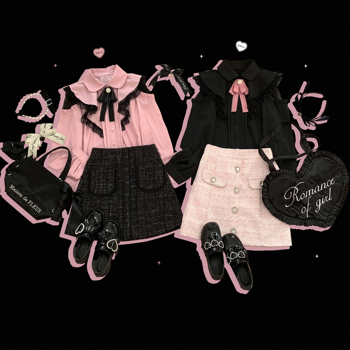 Kitten Bullet Jirai Kei Sweet Lace Ruffled Hollow Off Shoulder Pink Black White Shirt Blouse