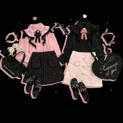 Kitten Bullet Jirai Kei Sweet Lace Ruffled Hollow Off Shoulder Pink Black White Shirt Blouse