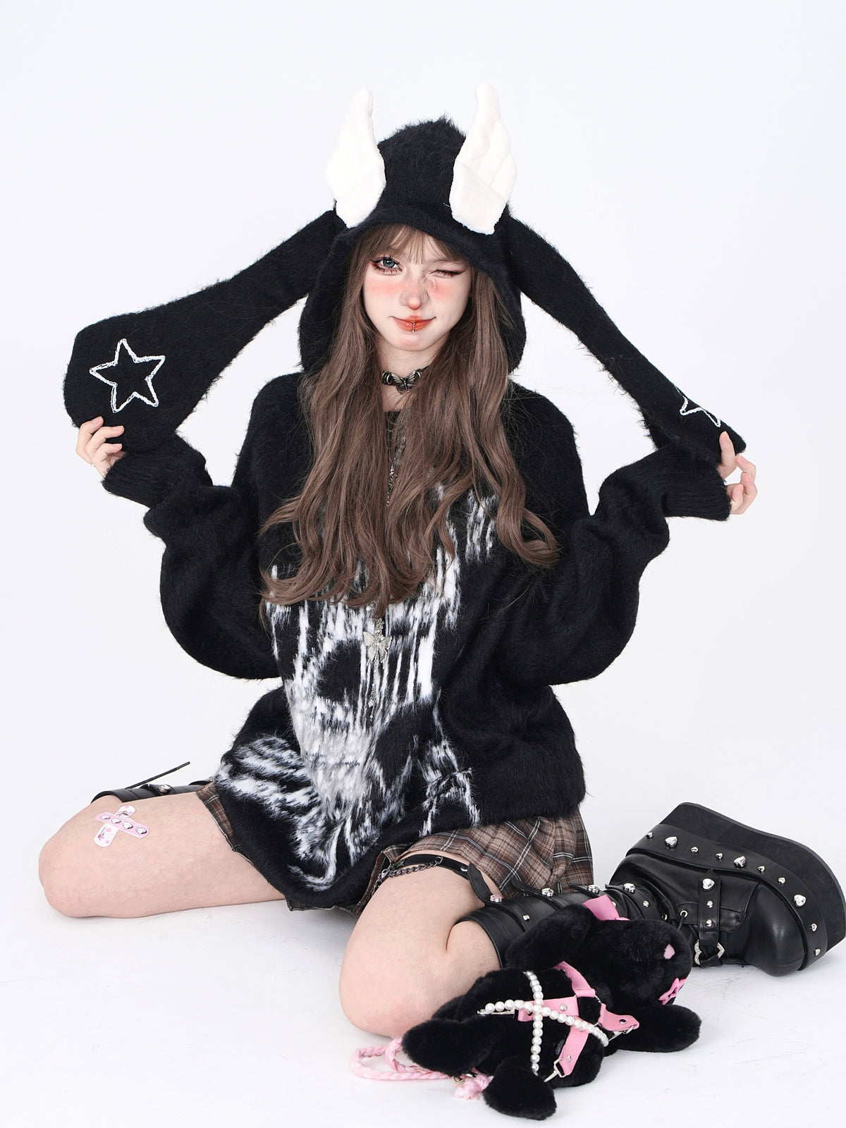 Young Eyes Star Wings Anime Girl Blue White Black Fuzzy Rabbit Ears Hoodie