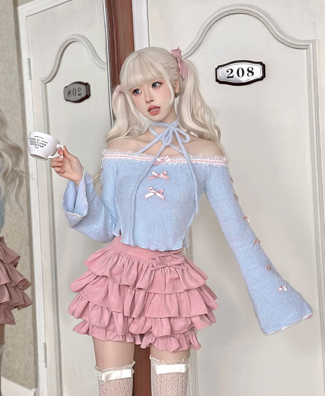 Serendipity Coquette Sweet Bow Blue Sweater & Pink Ruffled Skirt Two Piece Set