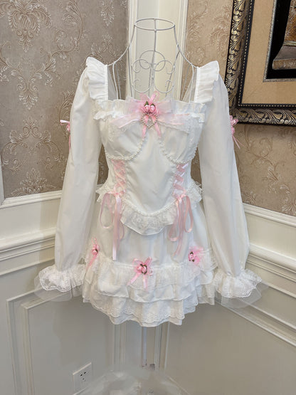 Sweetheart Princess Rose White Trumpet Sleeve Shirt & Mini Skirt Two Piece Set