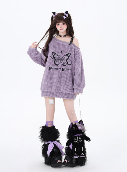 Crazy Girl Winter Letter Butterfly Pink White Purple Black Sweater