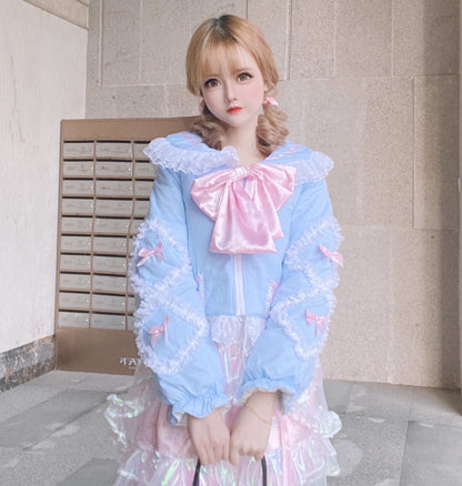 Candy Fairy Sailor Collar Ruffled Blue Pink Black Bow Winter Jacket