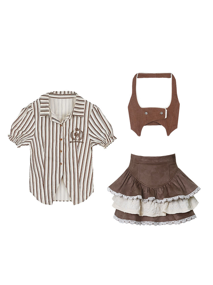 Serendipity Almond Cocoa Brown Beige Striped Shirt Vest Skirt Three Piece Set