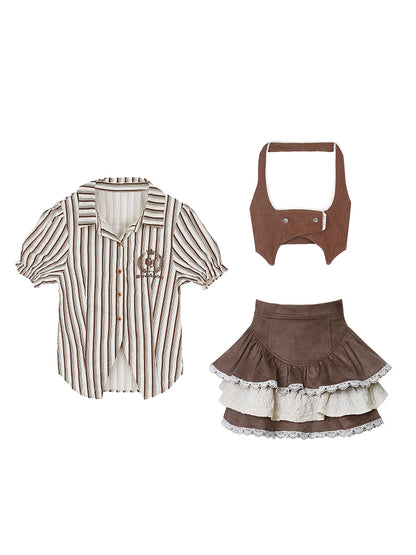 Serendipity Almond Cocoa Brown Beige Striped Shirt Vest Skirt Three Piece Set