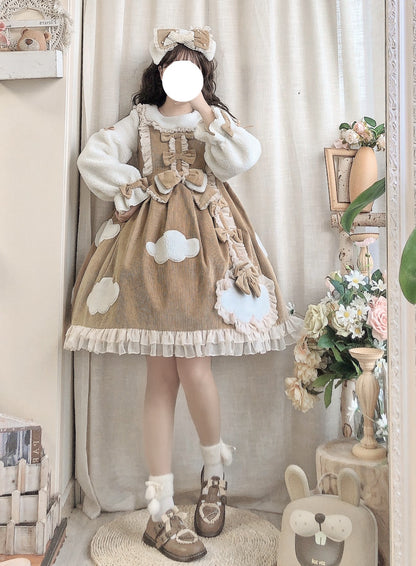 Winter Thick Velvet Plush Cloud Princess Pastel Pink Blue Brown Dress