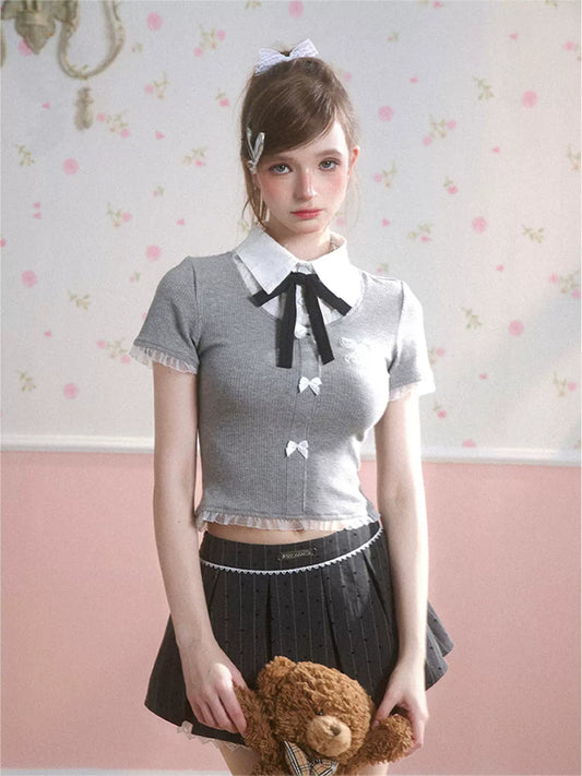 Young Eyes Polo Bow Black Gray Shirt Top