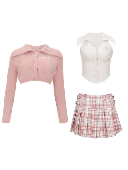 Serendipity Autumn Sweet Pink Plush Cardigan Jacket & White Shirt & Plaid Mini Skirt Three Piece Set