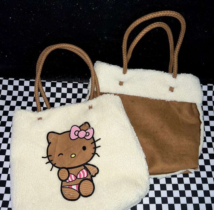 Black Brown Skin Kitty Plush Fluff Removeable Pin DIY Tote Bag