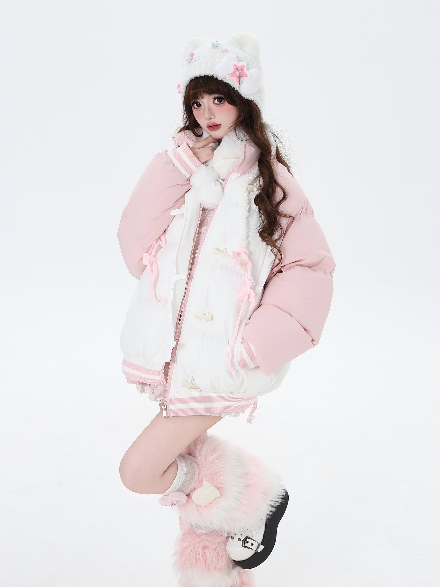 Crazy Girl Stereo Toggles White Pink Blue Puffer Jacket