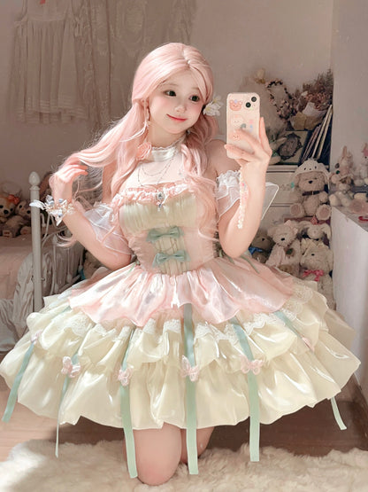 Platycodon Love Goddess Bow Butterfly Blue Pink Green Black Halter Neck Lolita Dress