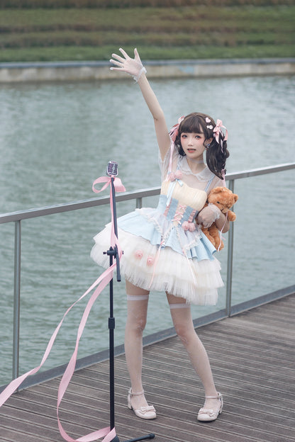 Lolita Rose Peach Blue Ruffled Princess Strap Dress