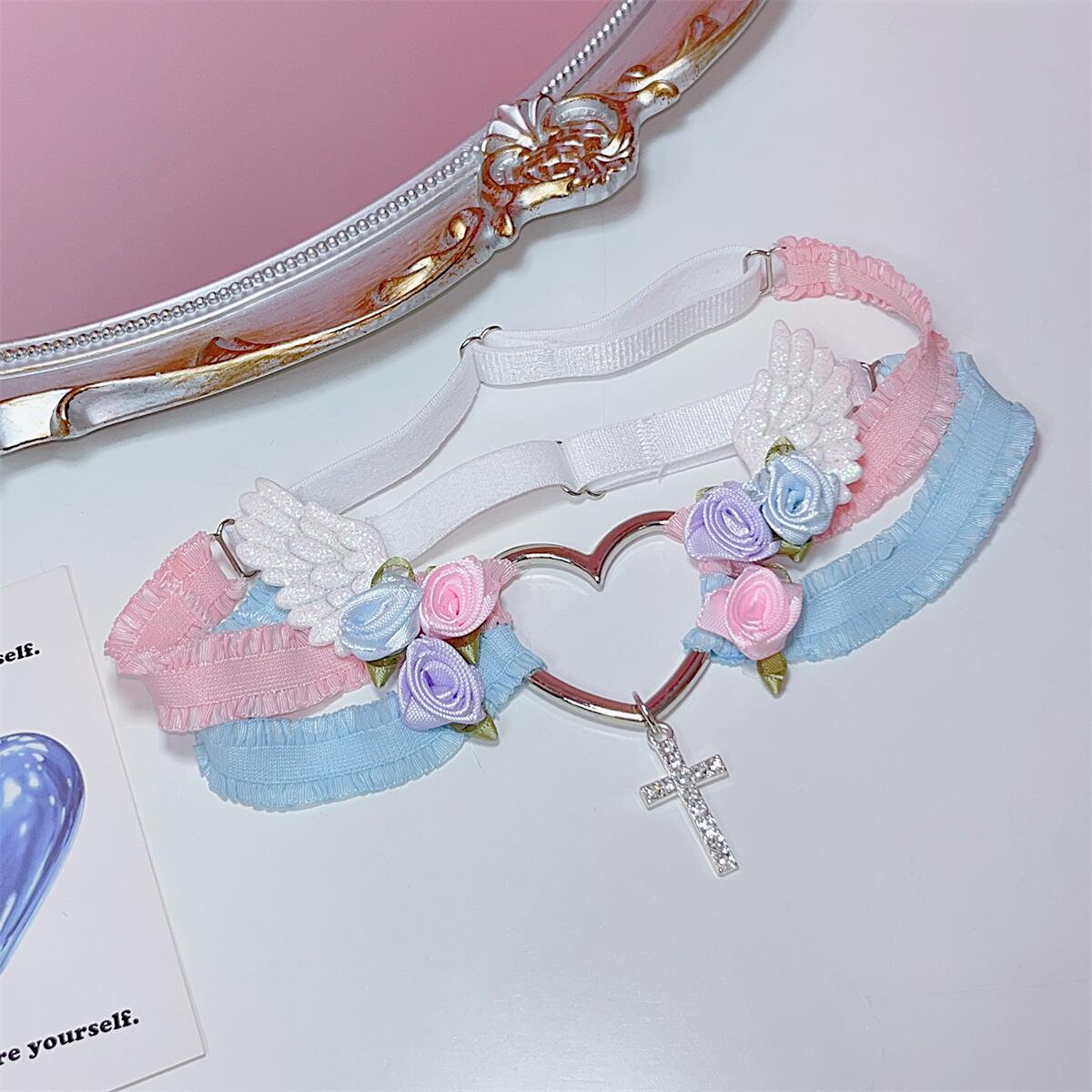 Heart Rose Angel Coquette Pink Blue Black White Thigh Strap Garter