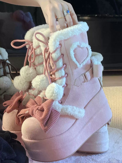 Akari Lolita Winter Love Pink Black Cream Brown Snow Boots