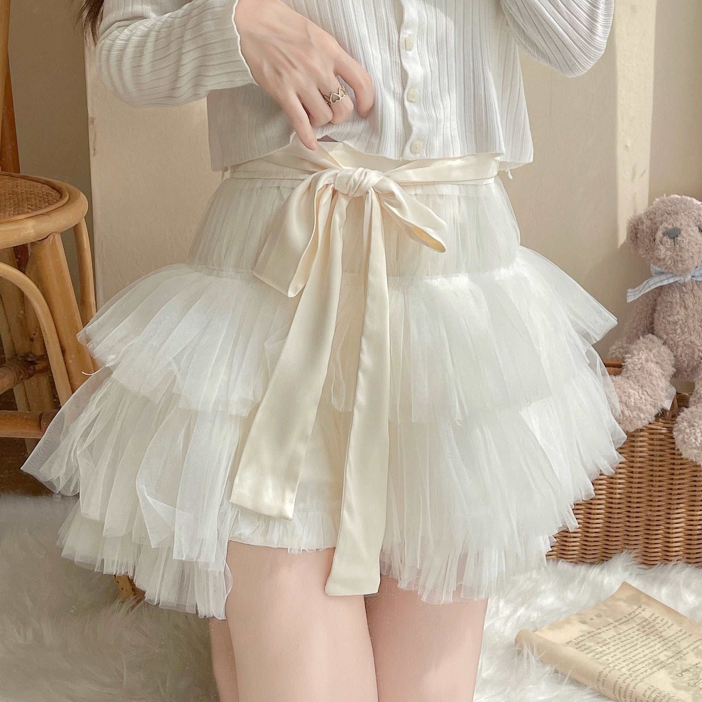 Coquette Sugar Girl White Pink Bow Ruffled Tutu Mini Short Skirt