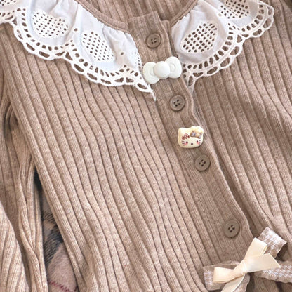 Dormir Doll Caramel Kitty Bow Cute Ruffled Lace Collar Long Sleeve Beige Brown Shirt Top