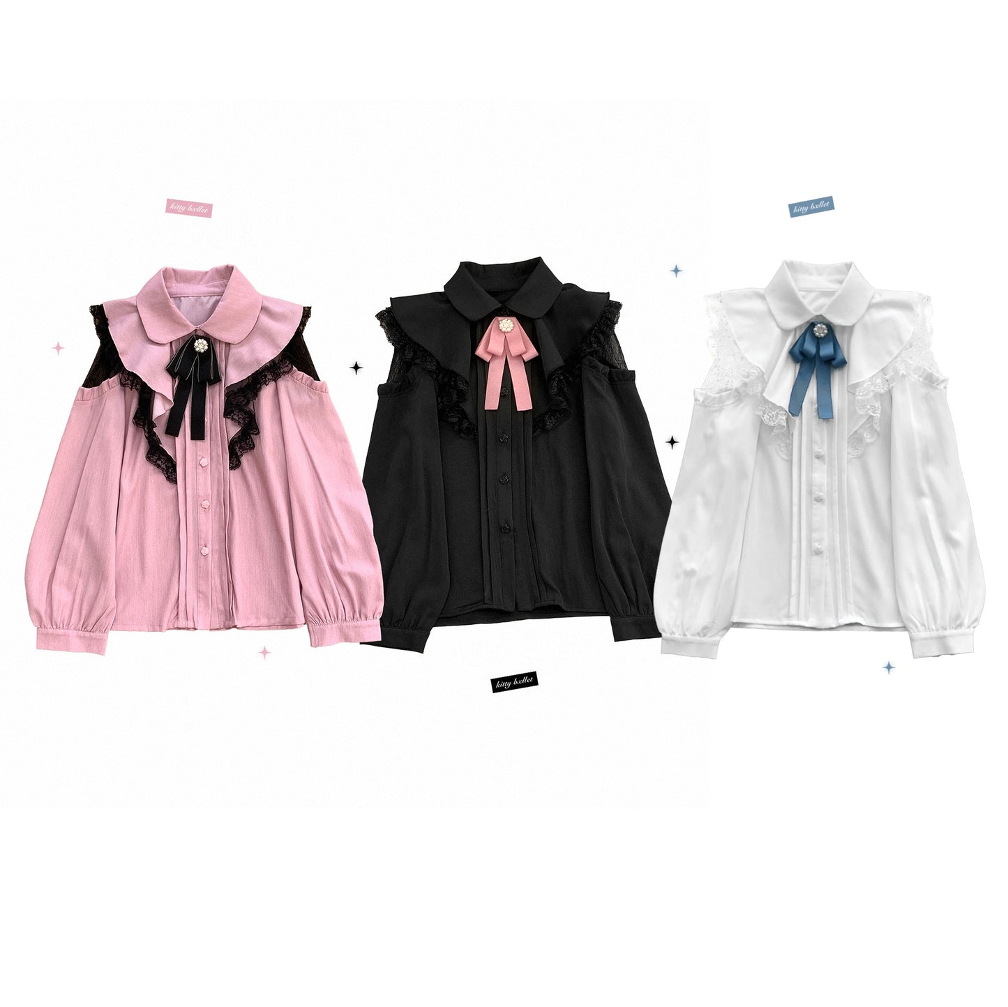 Kitten Bullet Jirai Kei Sweet Lace Ruffled Hollow Off Shoulder Pink Black White Shirt Blouse