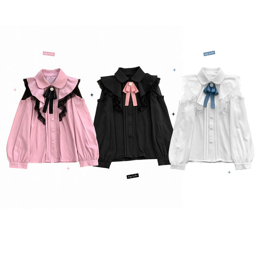 Kitten Bullet Jirai Kei Sweet Lace Ruffled Hollow Off Shoulder Pink Black White Shirt Blouse