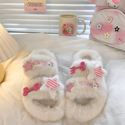 Y2K Kitty Cat Stars Plush Fluff Slippers Shoes