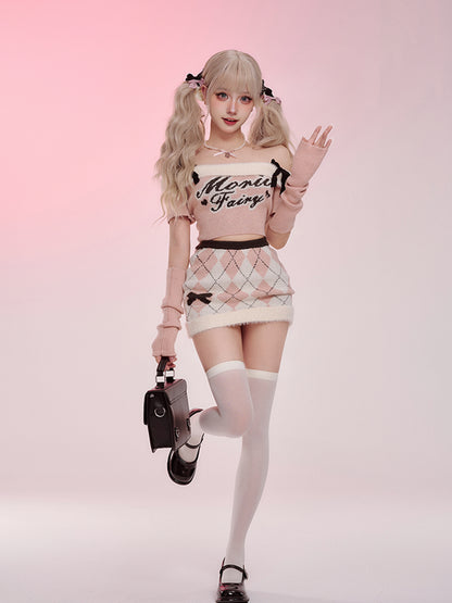 Serendipity Autumn Winter Pink Off Shoulder Knit Sweater & White Argyle Mini Skirt Two Piece Set